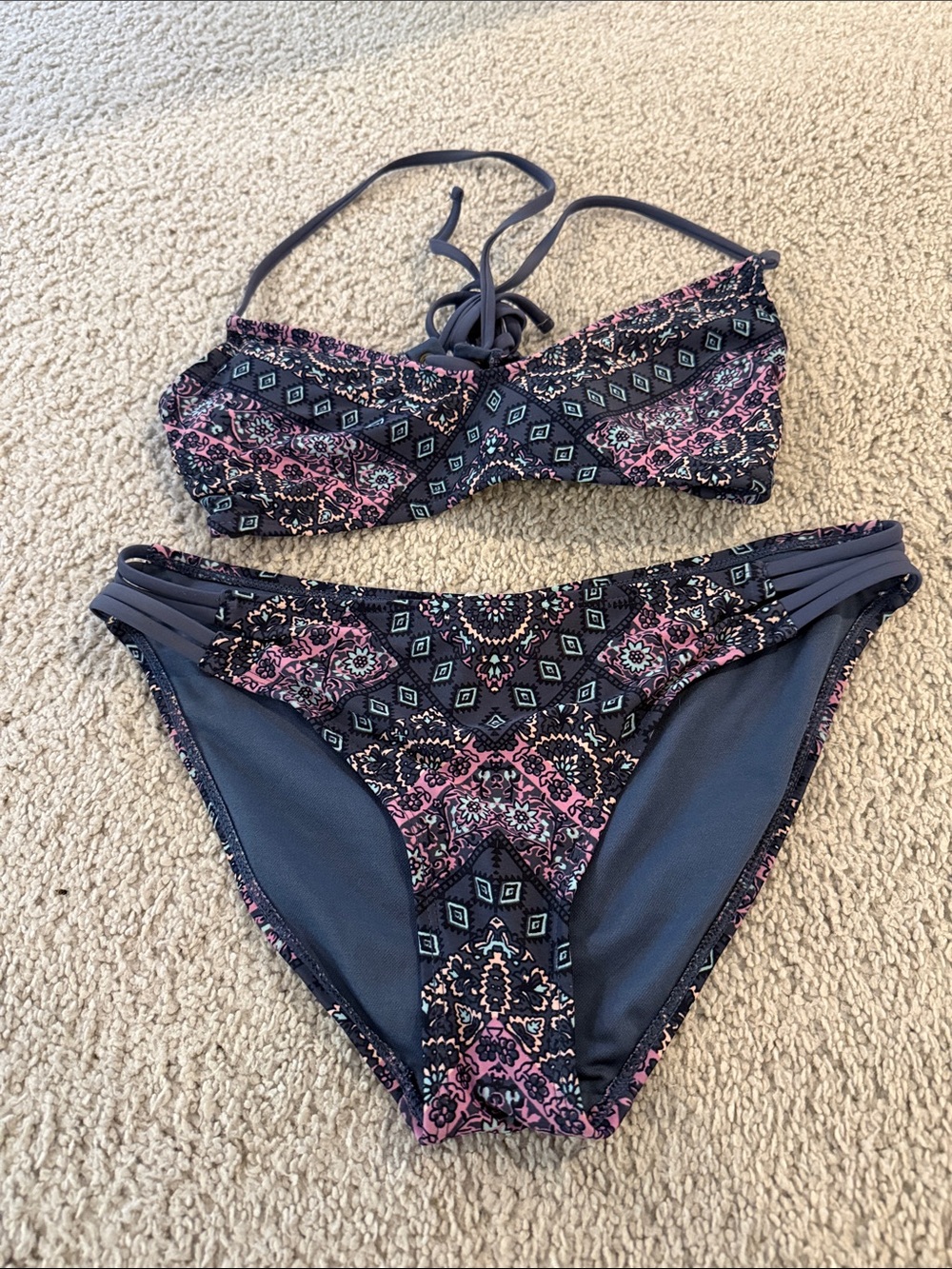 Xhilaration Navy and Pink Patterned Two-Piece Bikini